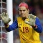 Goalkeeper Erin McLeod holds up her hands during the bronze-medal women's soccer match at the 2012 London Olympics.