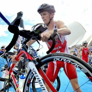 Canada's Simon Whitfield is seen with his bicycle during the men's triathlon at the London 2012 Olympics.
