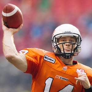 BC Lions quarterback Travis Lulay throws the ball during a game in June 2012.