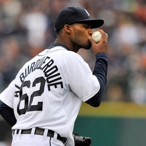 Detroit Tigers reliever Al Albuquerque kisses the ball while making a play in the ninth inning of Game 2 of the American League Division Series against the Oakland A's in October 2012.