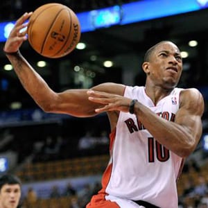 DeMar DeRozan of the Toronto Raptors is shown in a preseason game in October 2012.