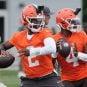 Cleveland Browns quarterbacks Shedeur Sanders and Deshaun Watson take part in a drill on the first day of minicamp at